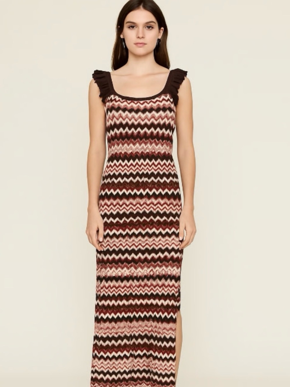 Heartloom Brown Pink Chevron Maxi Dress with Ruffle Straps